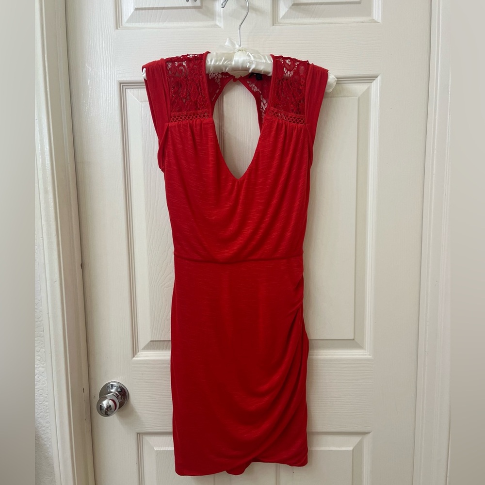 Guess Red Ruched Plunge Sheath Dress